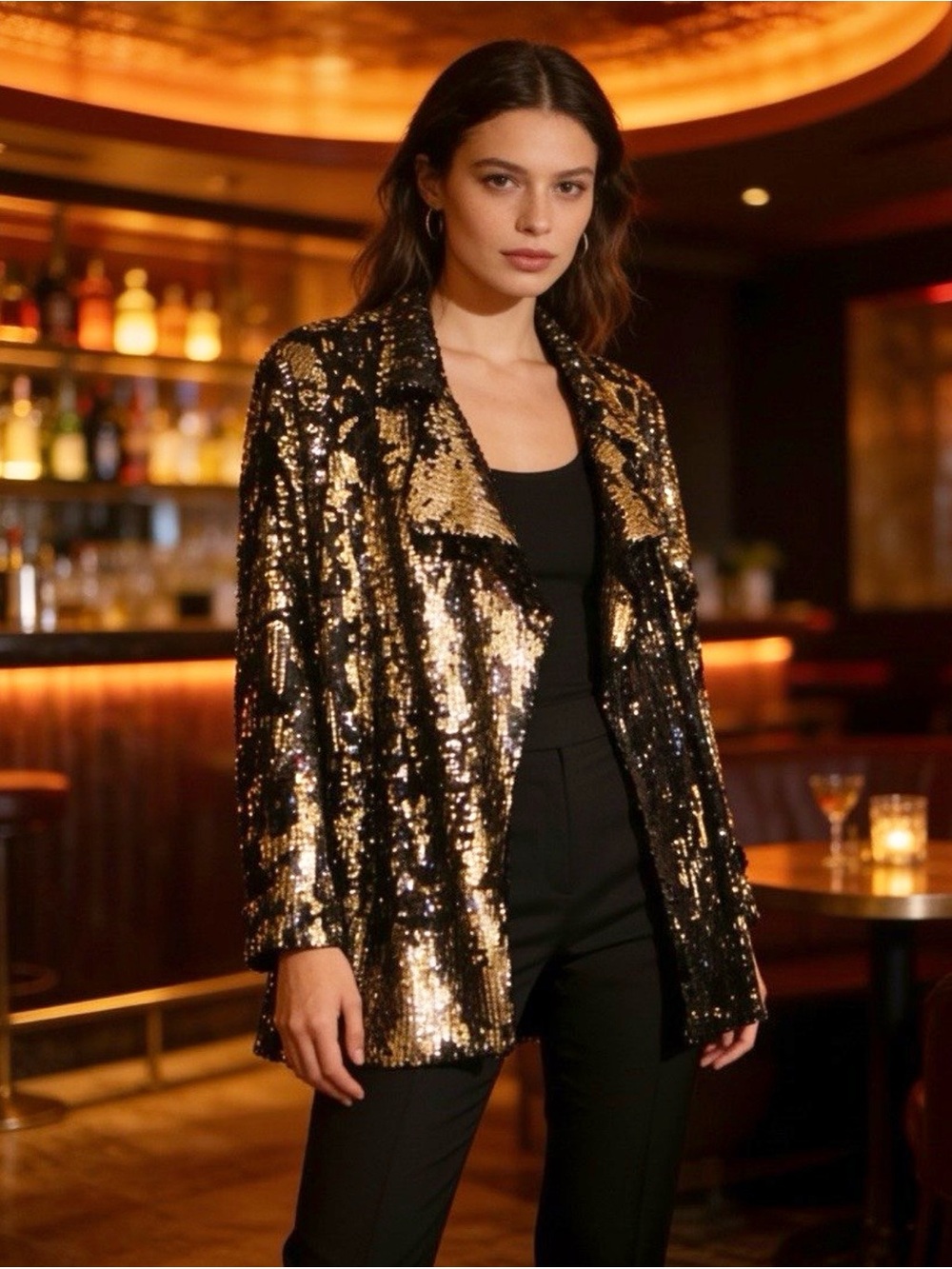 Black & Gold Sequin Open-Front Jacket by Impulsive- size Medium